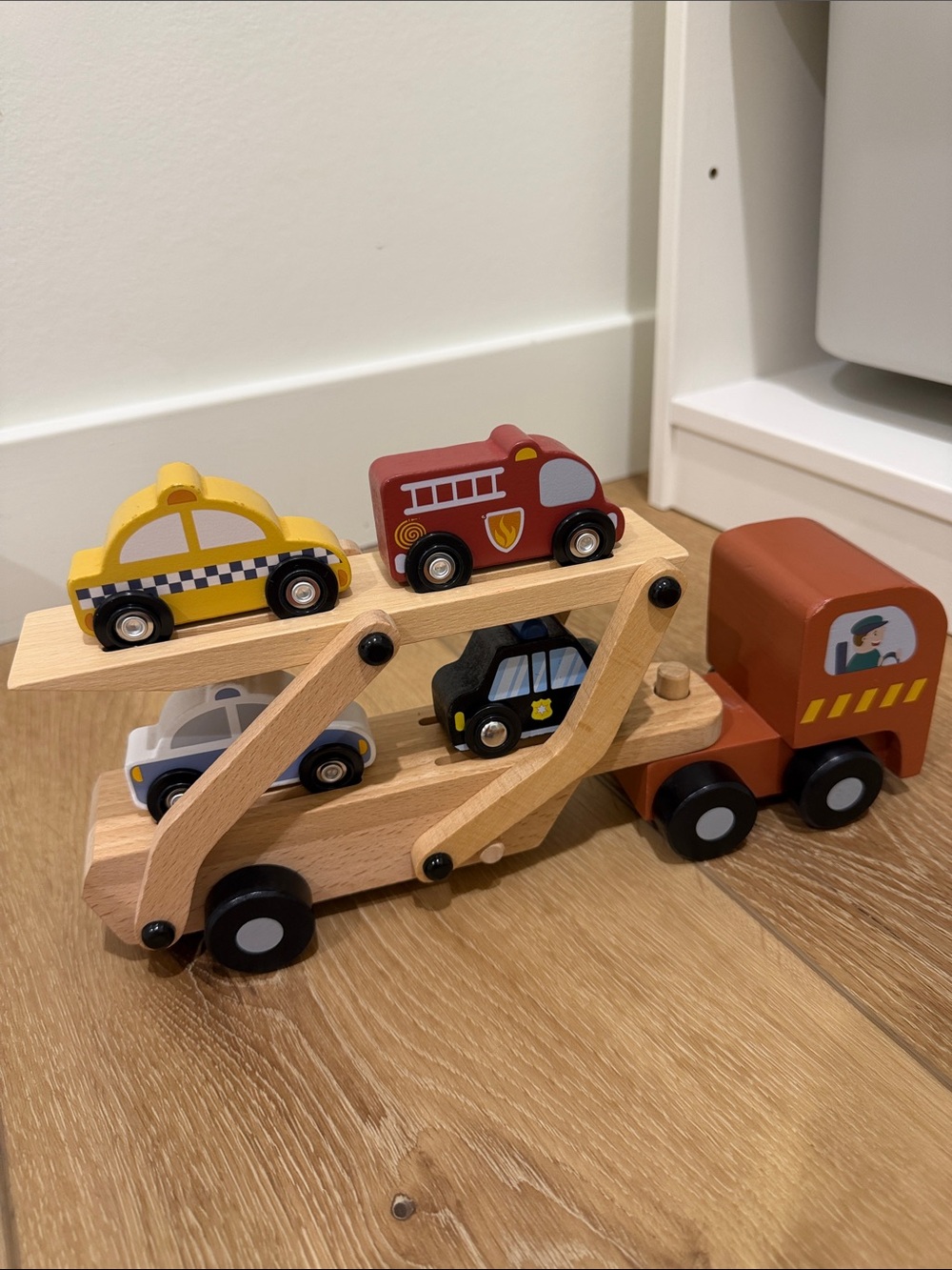 Wooden Car Carrier Truck with 4 Mini Vehicles